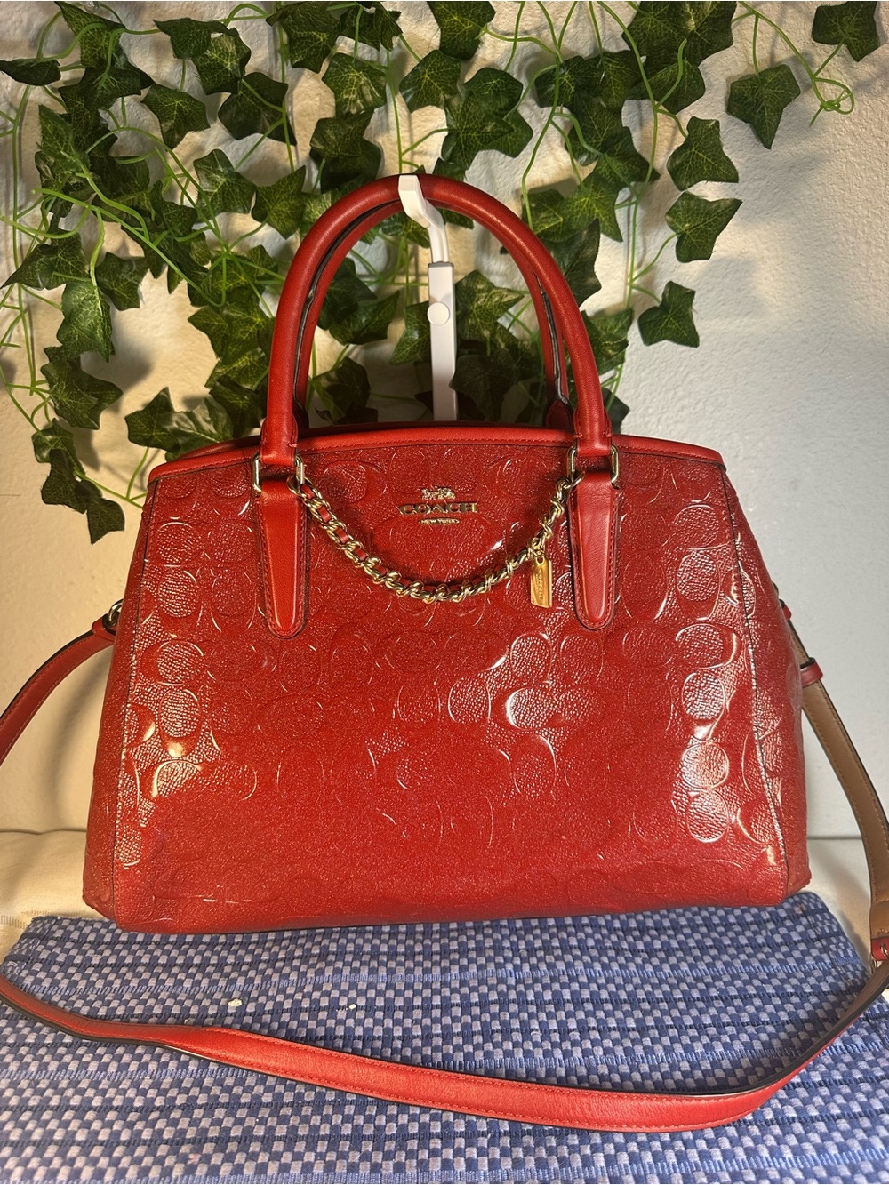 RARE Red Coach Margot Carryall-Holographic Glitter Patent Embossed C Logo Gold